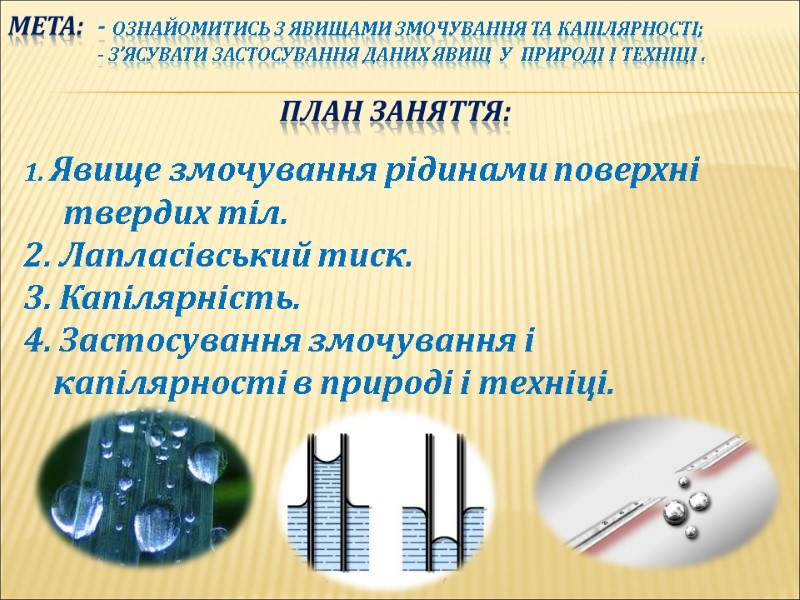 Мета:  - Ознайомитись з явищами змочування та капілярності;     